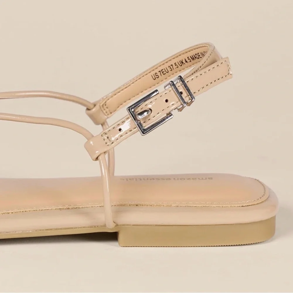 NWT Amazon Essentials Strappy Flat Sandals | Beige Patent | Size 9